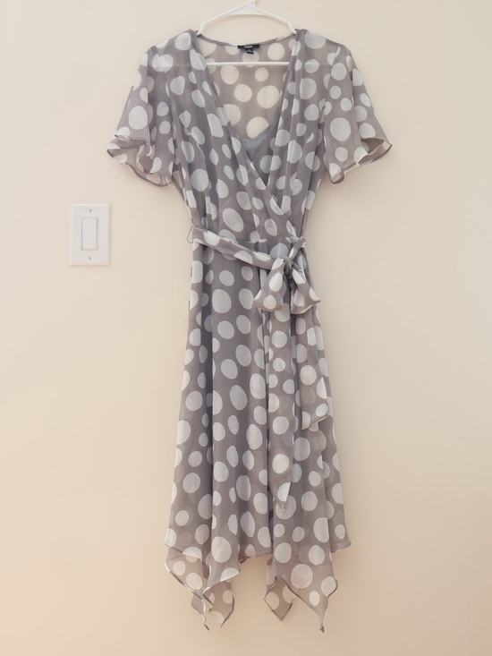 MSK Dresses & Skirts - MSK Flowy Sheer Gauzy Asymmetrical Polka Dot Wrap Tie Midi Dress Sz M Retro Twee